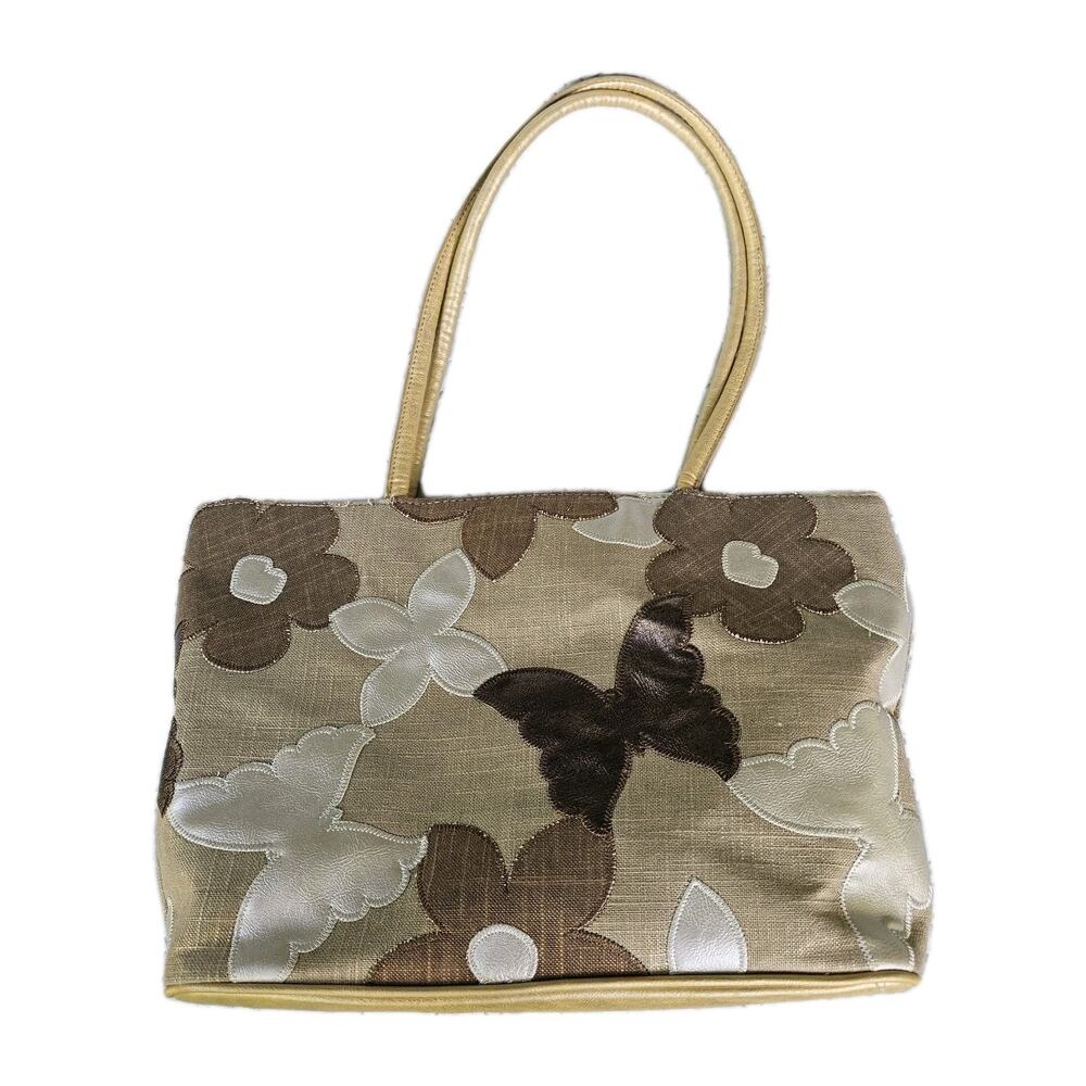 Bueno Women's Shoulder Handbag Metallic Butterfly Floral Pattern 3 Compartment